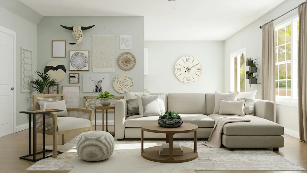 Soft neutral curtains and layered textures in a light-filled living room