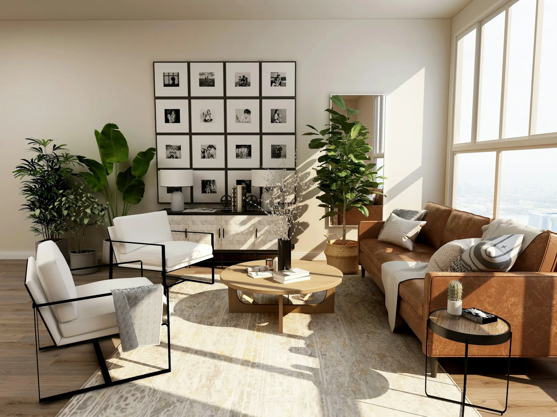 Sunlit living room with natural materials and warm layered furnishings